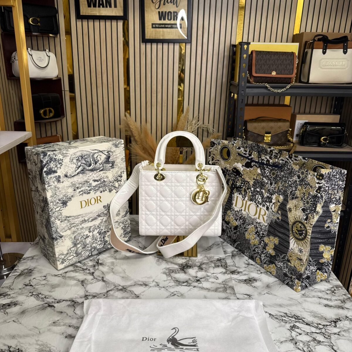 CHRISTIAN DIOR LADY PREMIUM BAG WITH OG BOX AND CARRY BAG