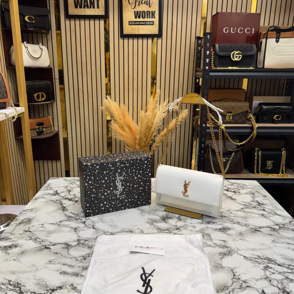YSL SAINT LAURENT SUNSET PREMIUM SHOULDER BAG WITH OG BOX (white)