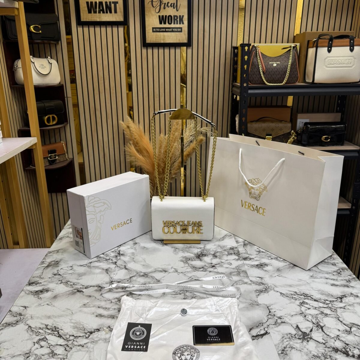VERSACE SLING BAG WITH DOUBLE BOX AND CARRY BAG (WHITE)