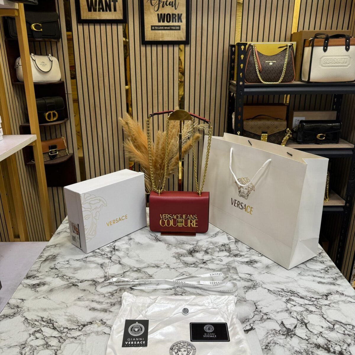 VERSACE SLING BAG WITH DOUBLE BOX AND CARRY BAG (MAROON)